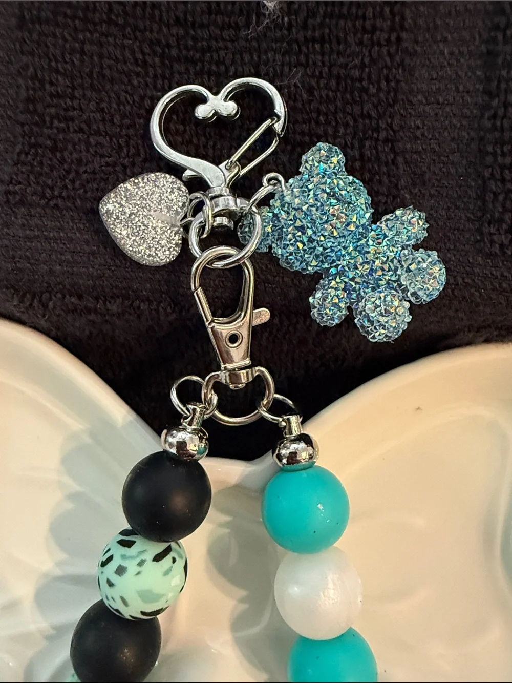 Turquoise & Black Beaded Keychain with Sparkle Heart Charm